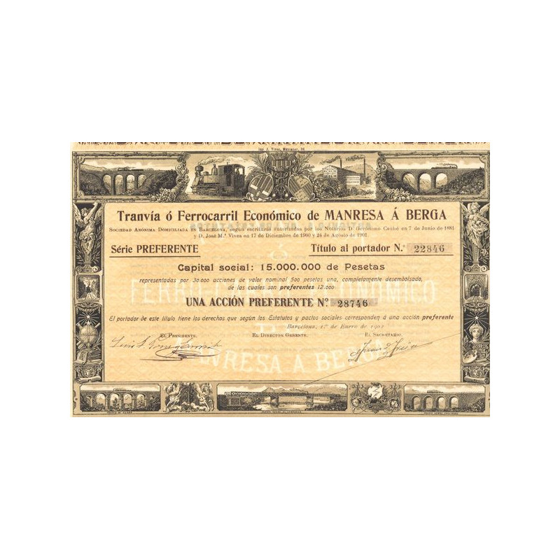 Tranvia o Ferrocarril Economico de Manresa a Berga (Titre 01 Act 500 Pesetas)