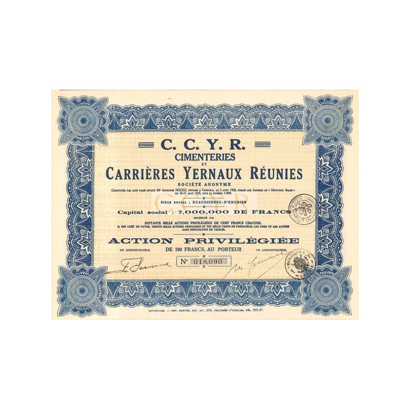 C. C. Y. R. Cimenteries et Carrières Yernaux Réunies (Act P 100 F)