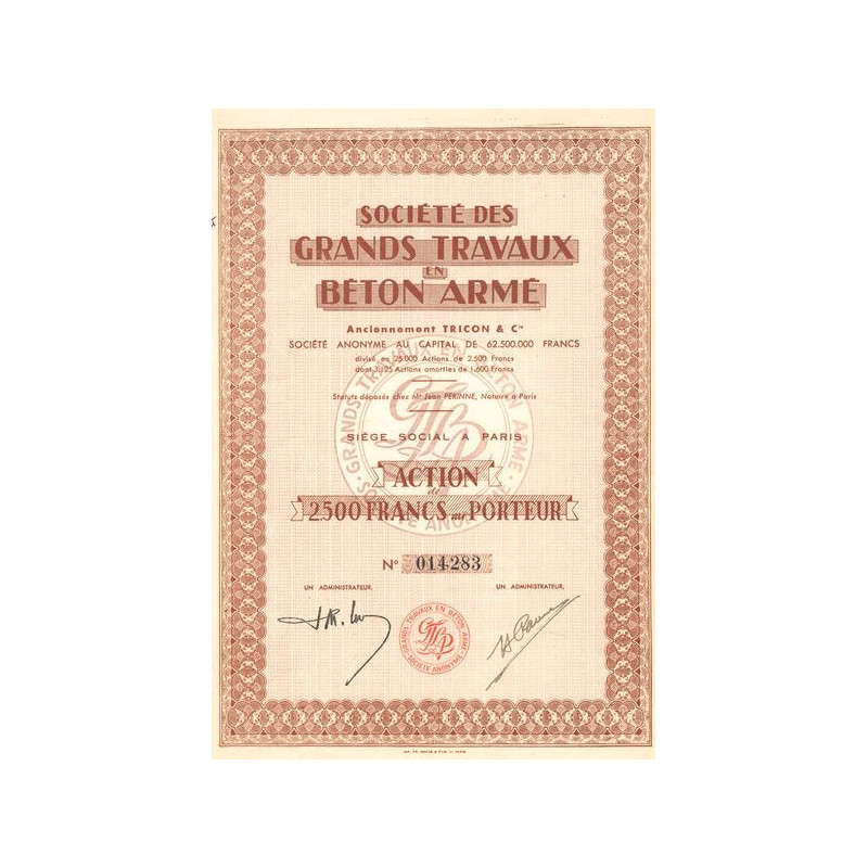 Sté des Grands Travaux en Béton Armé - Anciennement Tricon & Cie (Act 2500 F)