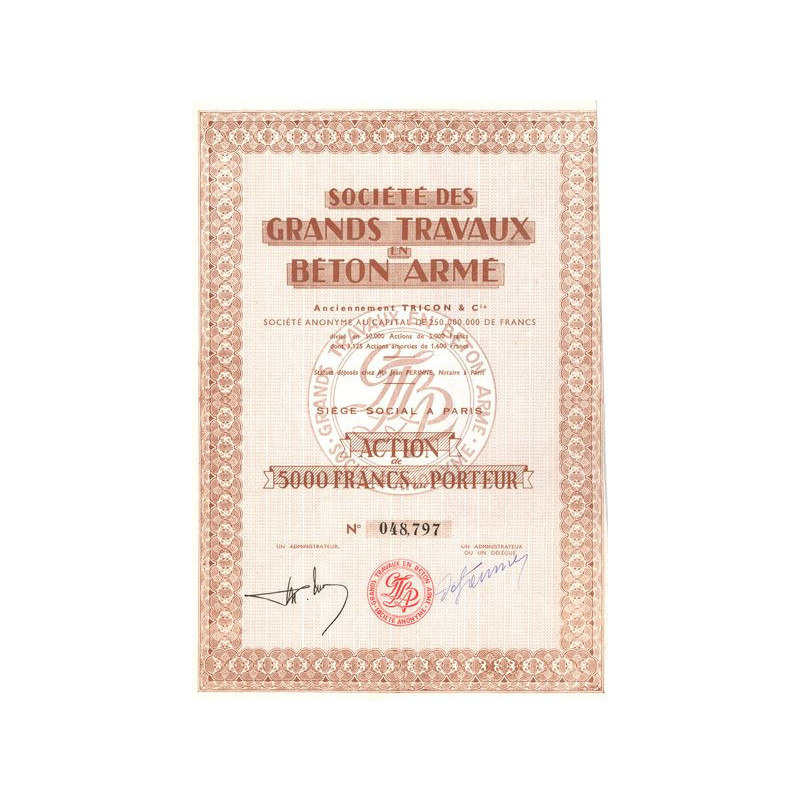 Sté des Grands Travaux en Béton Armé - Anciennement Tricon & Cie (Act 5000 F)