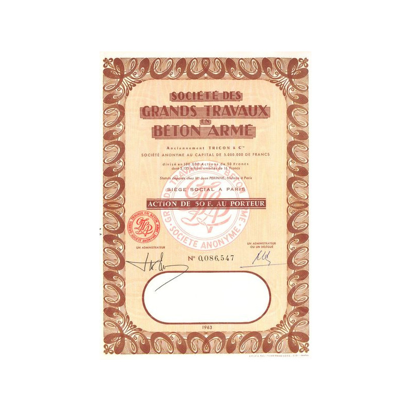 Sté des Grands Travaux en Béton Armé - Anciennement Tricon & Cie (Act 50 F)