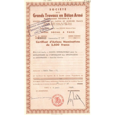 Sté des Grands Travaux en Béton Armé - Anciennement Tricon & Cie (Certif Act 2500 F)