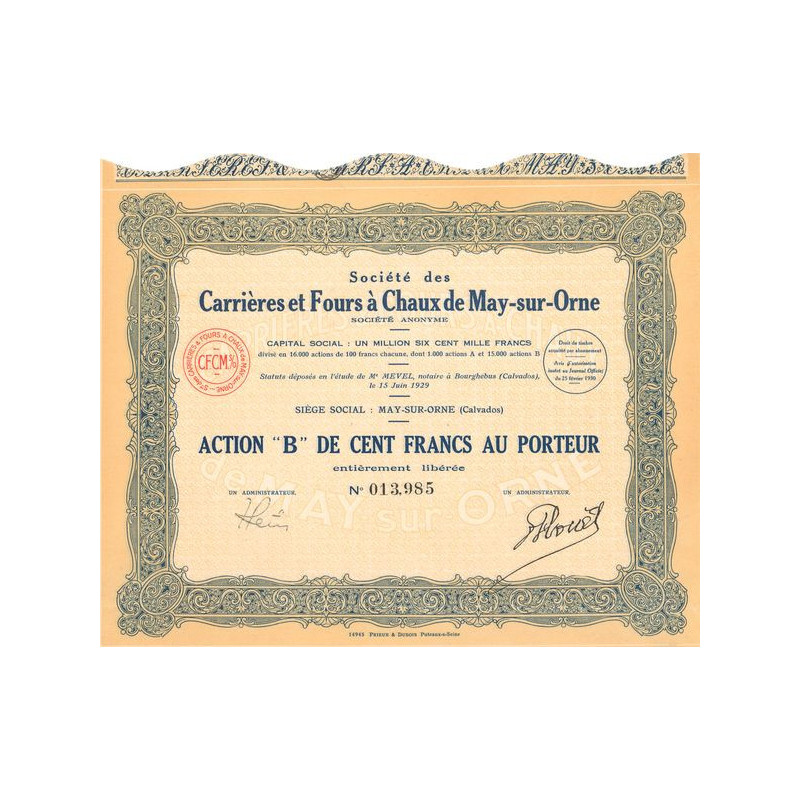 Sté des Carrières et Fours à Chaux de May-sur-Orne (Act B 100 F)