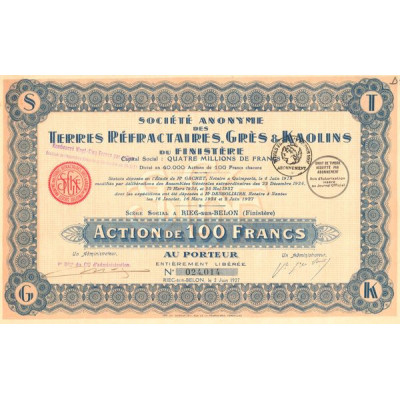 S.A. des Terres Réfractaires. Grès & Kaolins de Finistère (Act 100 F)