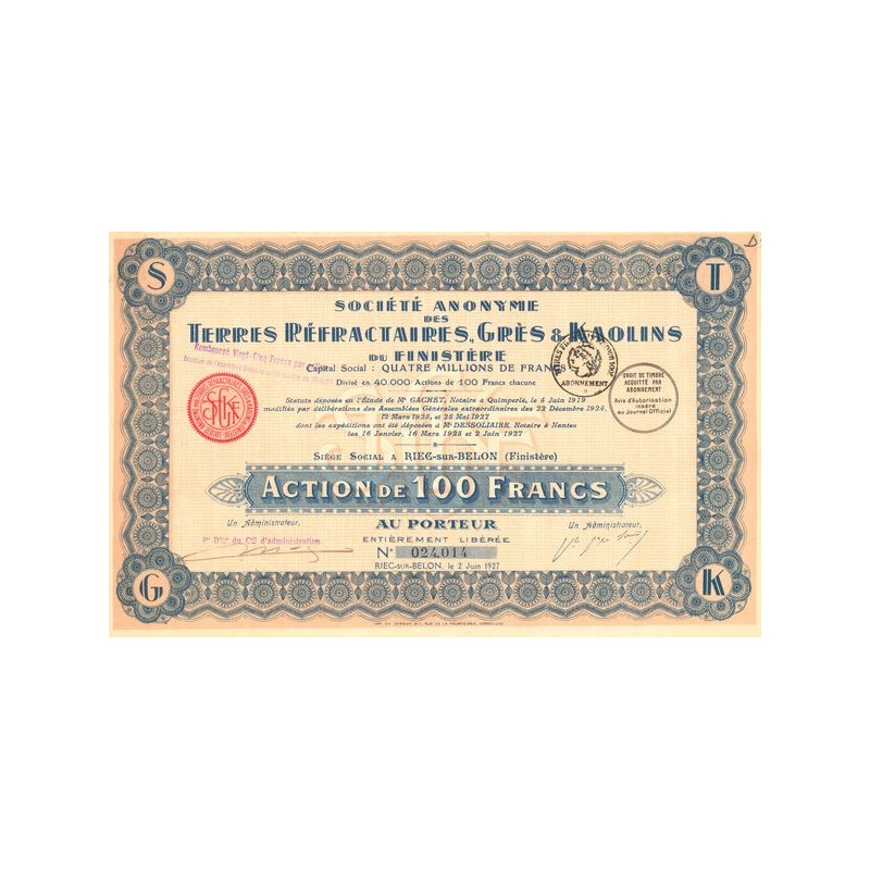 S.A. des Terres Réfractaires. Grès & Kaolins de Finistère (Act 100 F)