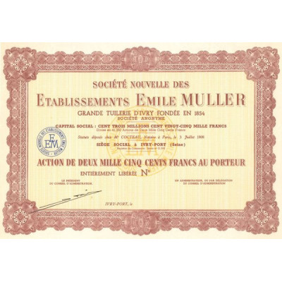 Sté Nouvelle des Ets Emile Muller - Grande Tuilerie d'Yvry fondée en 1854 (Act 2500 F)