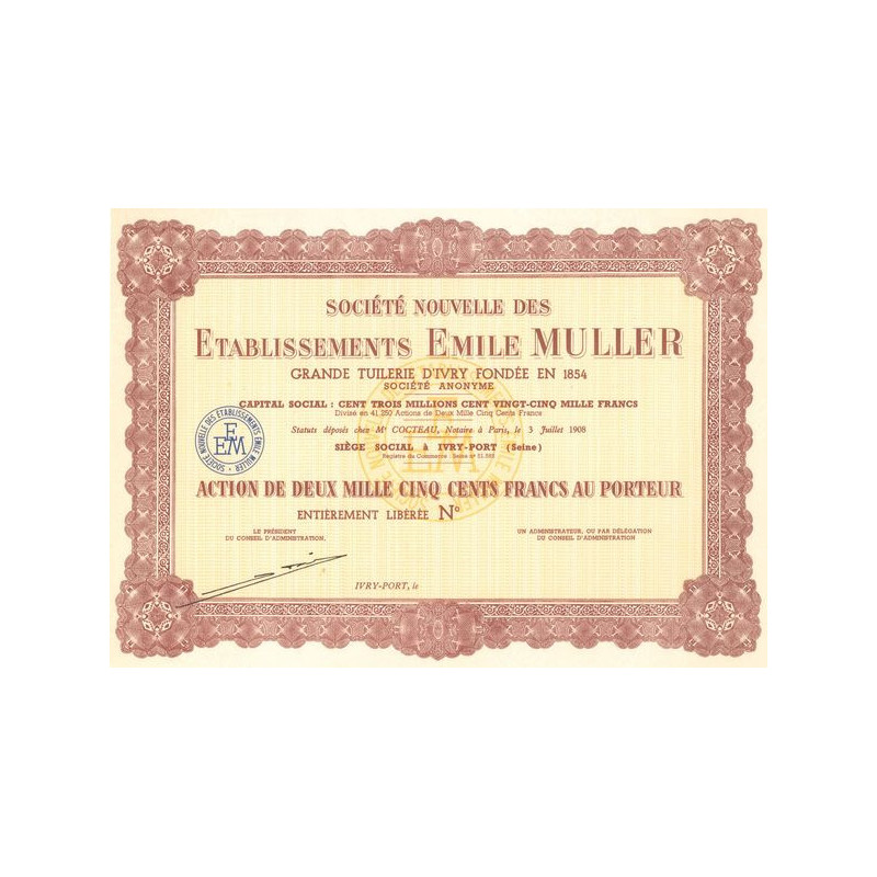 Sté Nouvelle des Ets Emile Muller - Grande Tuilerie d'Yvry fondée en 1854 (Act 2500 F)