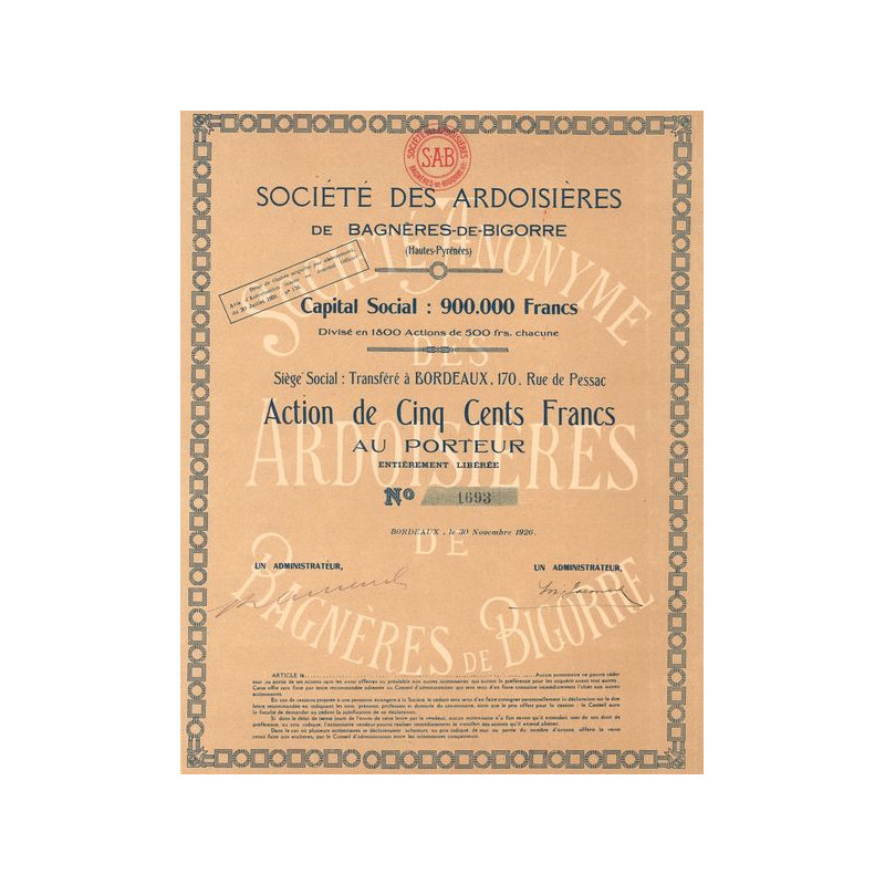 Sté des Ardoisières de Bagnères-de-Bigorre (Act 500 F)
