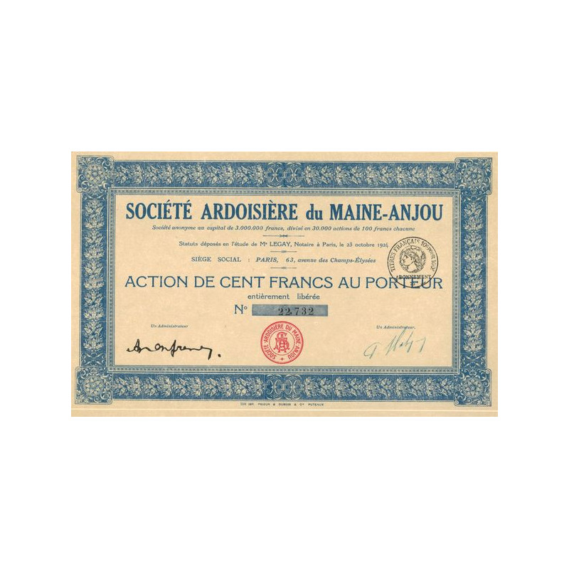 Sté Ardoisières du Maine-Anjou (Act 100 F)