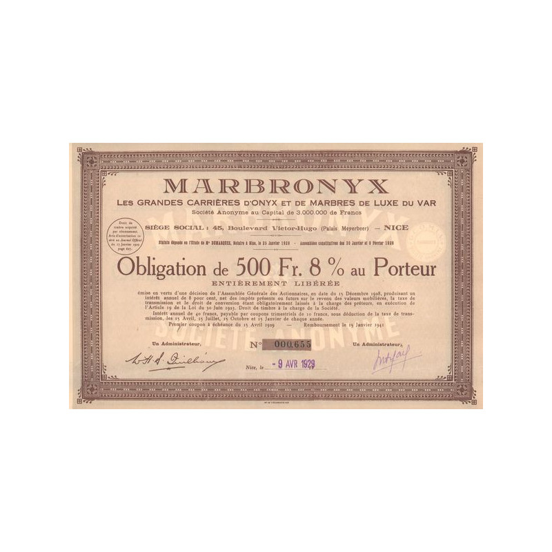 Marbronyx - Les Grandes Carrières d'Onyx et de Marbres de Luxe du Var (Obl 500 F 8%)