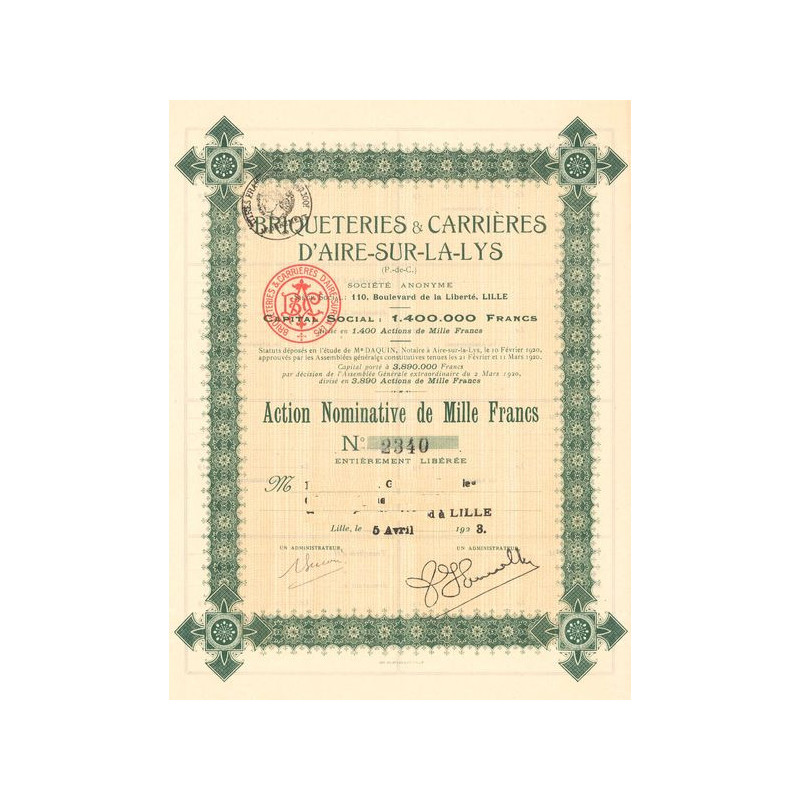 Briqueteries & Carrières d'Aire-sur-la-Lys (Act Nomin 1000 F)