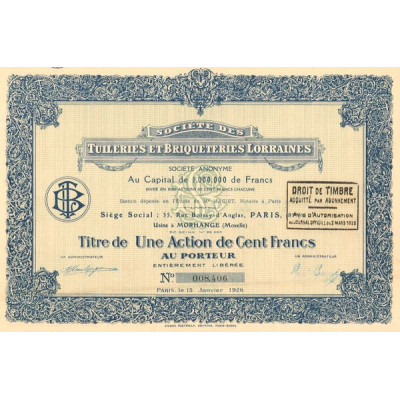 Sté des Tuileries et Briqueteries Lorraines (Titre 01 Act 100 F)