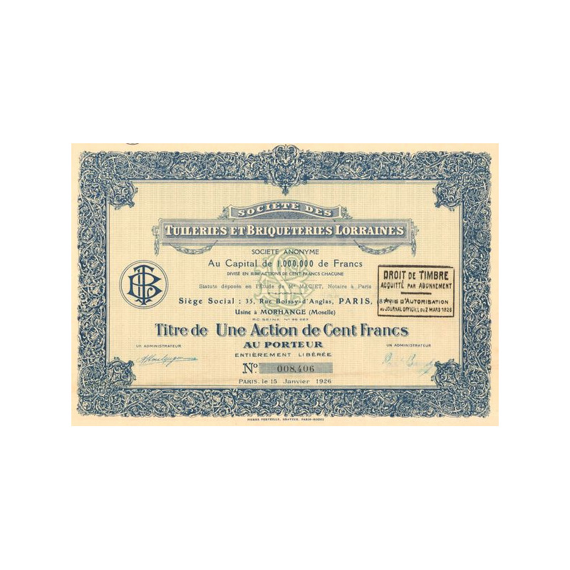 Sté des Tuileries et Briqueteries Lorraines (Titre 01 Act 100 F)
