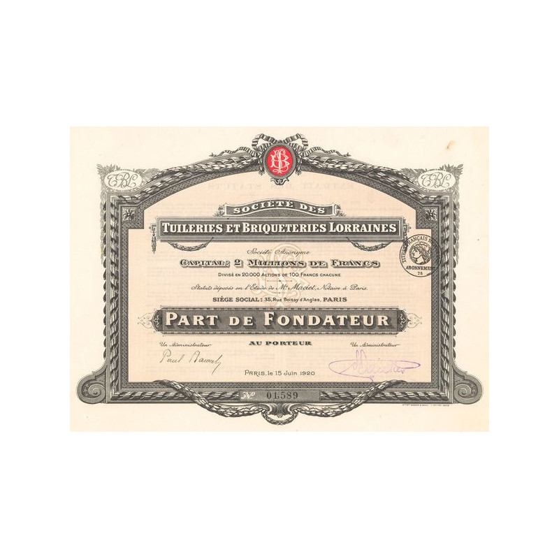 Sté des Tuileries et Briqueteries Lorraines (PF)