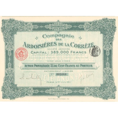 Cie des Ardoisières de la Corrèze (Act Priv 5% 100 F)