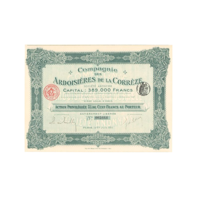 Cie des Ardoisières de la Corrèze (Act Priv 5% 100 F)