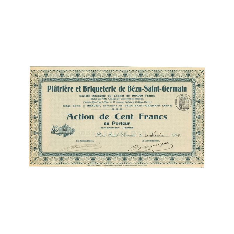 Plâtrière et Briqueterie de Bézu-Saint-Germain (Act 100 F)