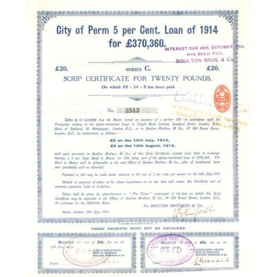 City of Perm 5 per Cent. Loan of 1914 for £370.360 (Certif 20 livres)