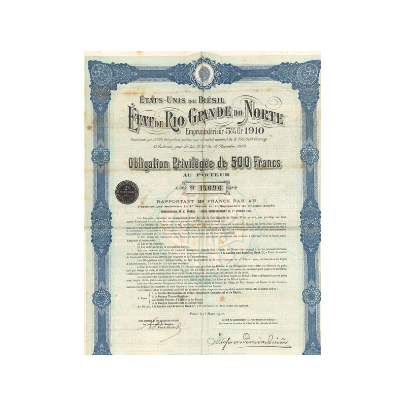 Etats-Unis du Brésil - Etat de Rio Grande do Norte (Obl Priv 500 F)