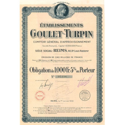 Ets Goulet-Turpin Comptoir Général d'Appovisionnement (Obl 1000 F 5%)
