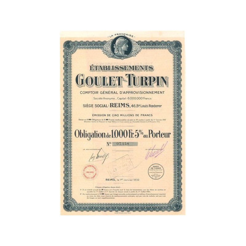 Ets Goulet-Turpin Comptoir Général d'Appovisionnement (Obl 1000 F 5%)