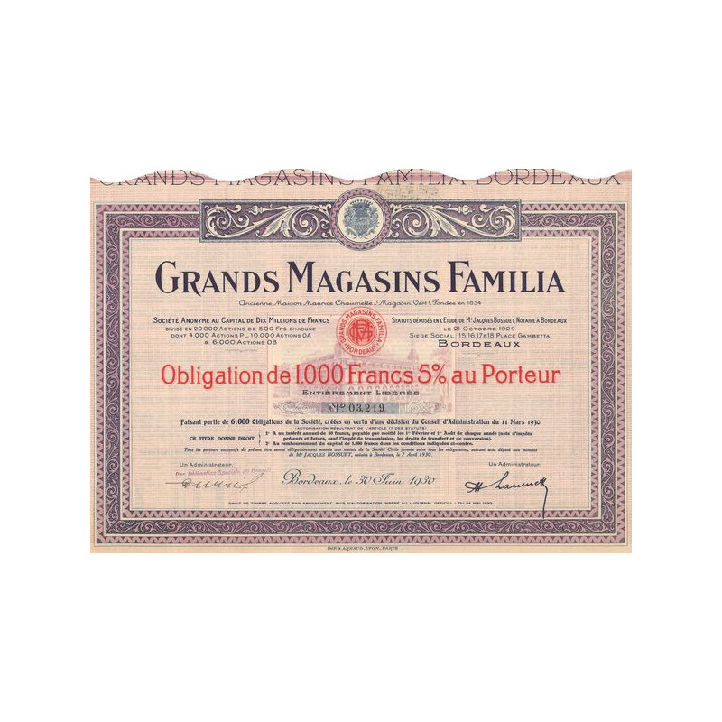 Grands Magasins Familia - Ancienne Maison Maurice Chaumette (Magasin Vert Fondée) en 1854 (Obl 1000 F 5%)