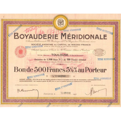 Boyauderie Méridionale Anciens Ets Ph. Barlangue & Cie & Boyauderie Toulousaine réunis (Bon 500 F 5% 1/2)
