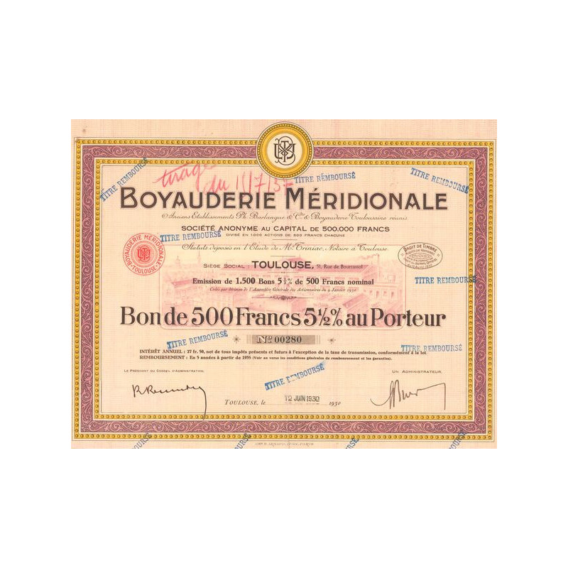 Boyauderie Méridionale Anciens Ets Ph. Barlangue & Cie & Boyauderie Toulousaine réunis (Bon 500 F 5% 1/2)