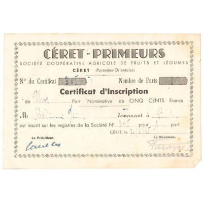 Céret-Primeurs Sté Coopérative Agricole de Fruits et Légumes - Céret (Pyrénées Orientales) (Certif d'Inscription)