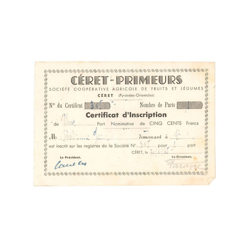 Céret-Primeurs Sté Coopérative Agricole de Fruits et Légumes - Céret (Pyrénées Orientales) (Certif d'Inscription)