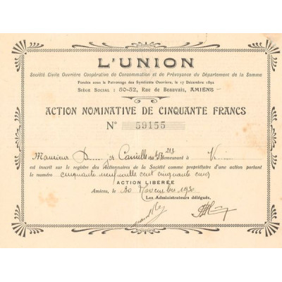 L'Union Sté Civile Ouvrière Coopérative de Consommation et de Prévoyance du Département de la Somme (Act Nomin 50 F)