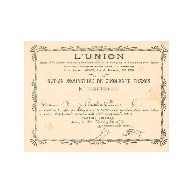 L'Union Sté Civile Ouvrière Coopérative de Consommation et de Prévoyance du Département de la Somme (Act Nomin 50 F)