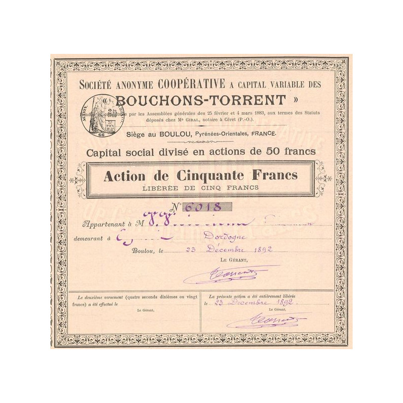 S.A. Coopérative a Capital Variable des "Bouchons-Torrent" (Act 50 F)