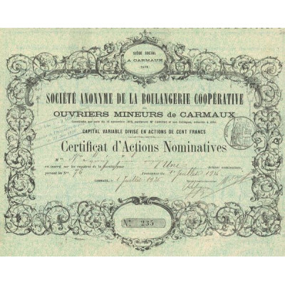S.A. de la Boulangerie Coopérative des Ouvriers Mineurs de Carmaux (Certif Act Nomin)