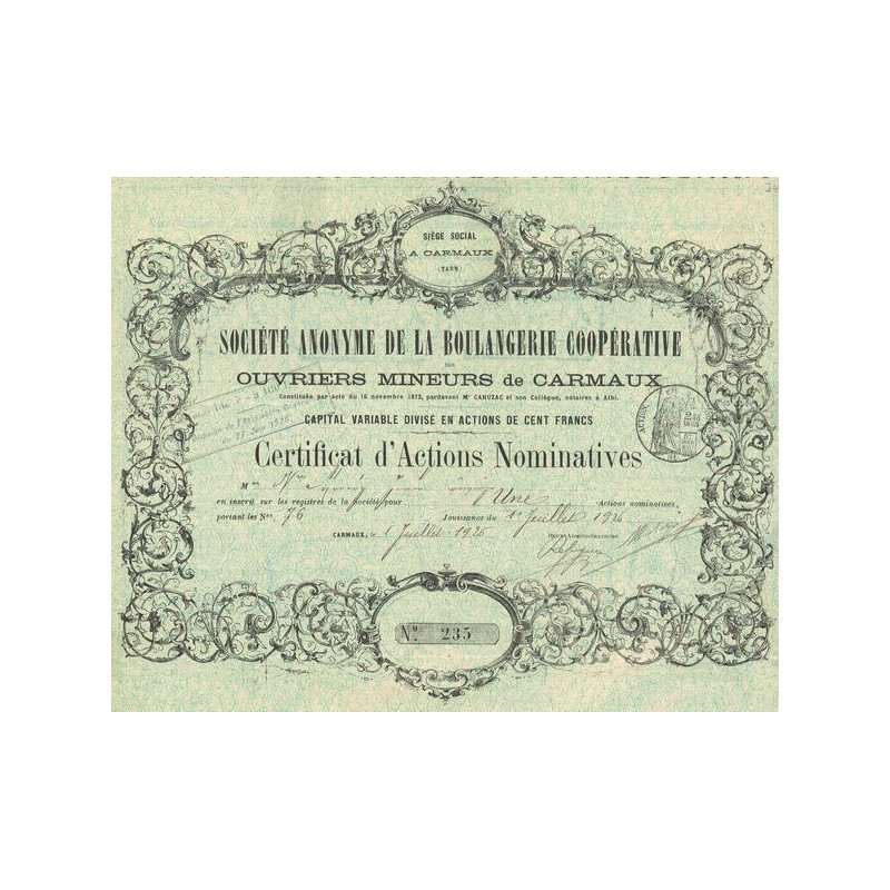 S.A. de la Boulangerie Coopérative des Ouvriers Mineurs de Carmaux (Certif Act Nomin)