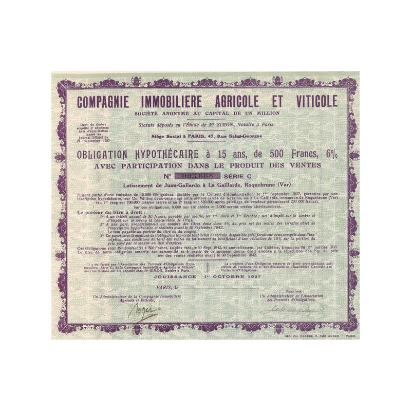 Cie Immobiliere Agricole et Viticole (Obl 500 F 6%)