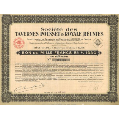 Sté des Tavernes Pousset & Royale Réunies (Bon 1000 F 5% 1/2)