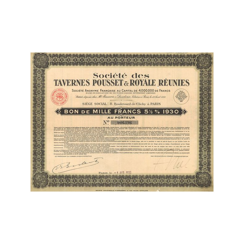 Sté des Tavernes Pousset & Royale Réunies (Bon 1000 F 5% 1/2)