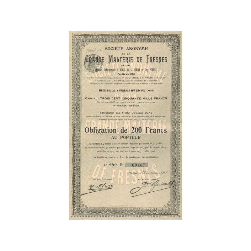 S.A. de la Grande Malterie de Fresnes (Nord) (Anc Ets L. Houzé de l'Aulnoit et Eug. Puvrez) (Obl 200 F)