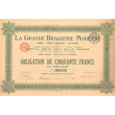La Grande Brasserie Moderne - Bière. Vins & Liqueurs . Malterie (Obl 50 F)