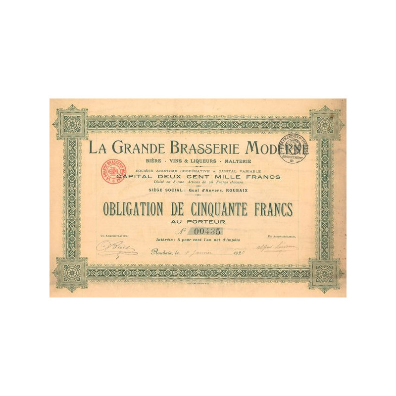 La Grande Brasserie Moderne - Bière. Vins & Liqueurs . Malterie (Obl 50 F)