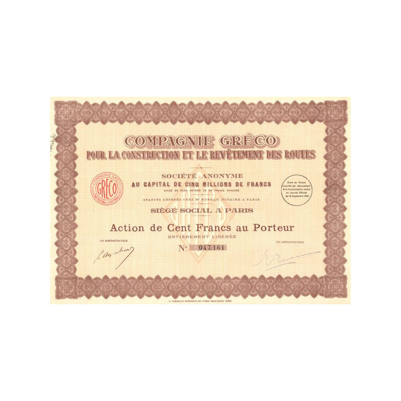 Cie Gréco pour la Construction et le Revétement des Routes (Act 100 F)
