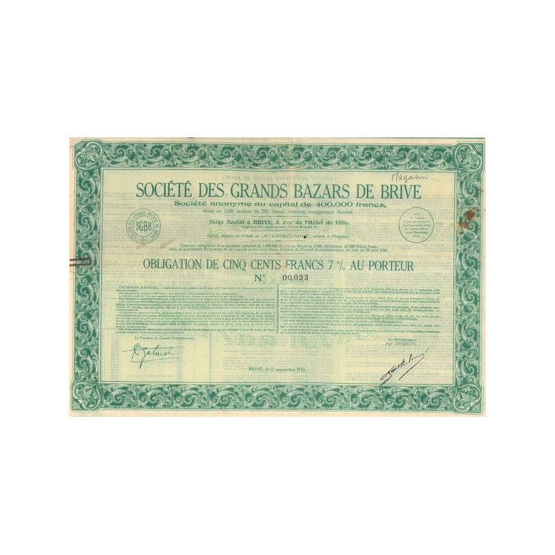 Sté des Grands Bazars de Brive (Obl 500 F 7%)