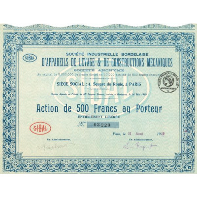 Sté Industrielle Bordelaise d'Appareils de Levage & de Constructions Mécaniques (Act 500 F)