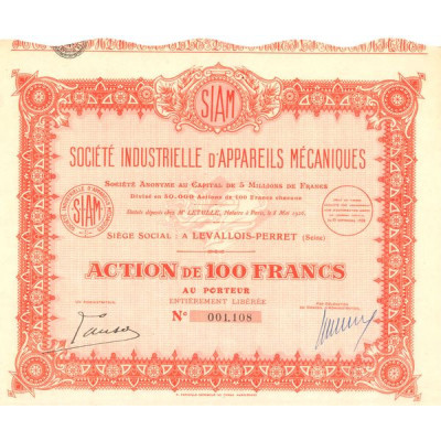 SIAM Sté Industrielle d'Appareils Mécaniques (Act 100 F)