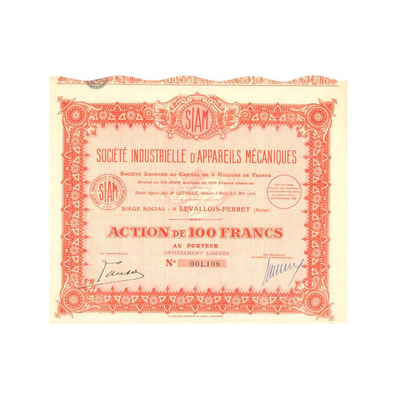 SIAM Sté Industrielle d'Appareils Mécaniques (Act 100 F)