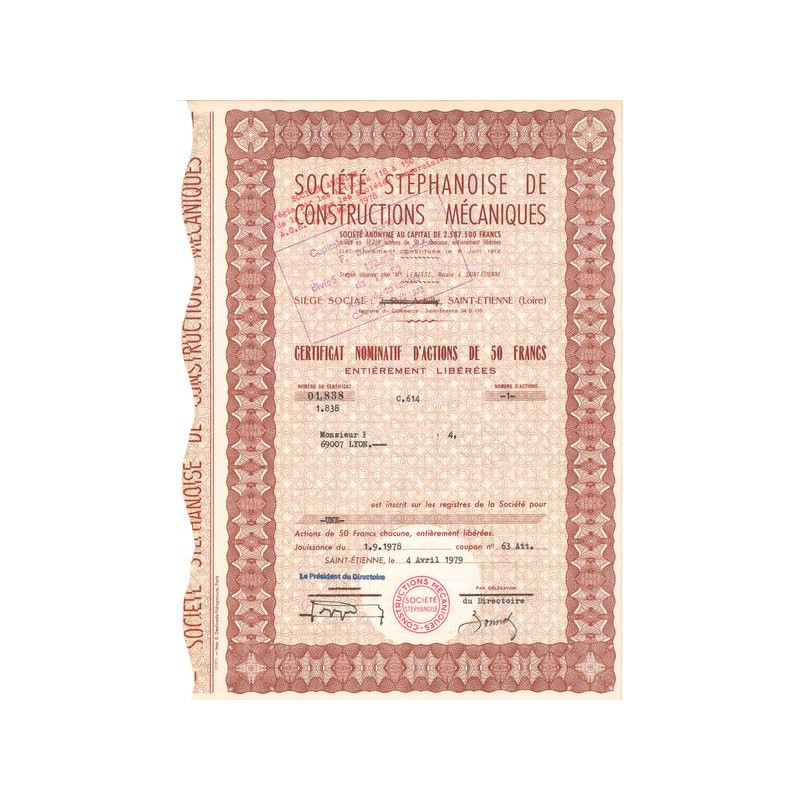 Sté Stéphanoise de Constructions Mécaniques (Certif Nomin Act 50 F)