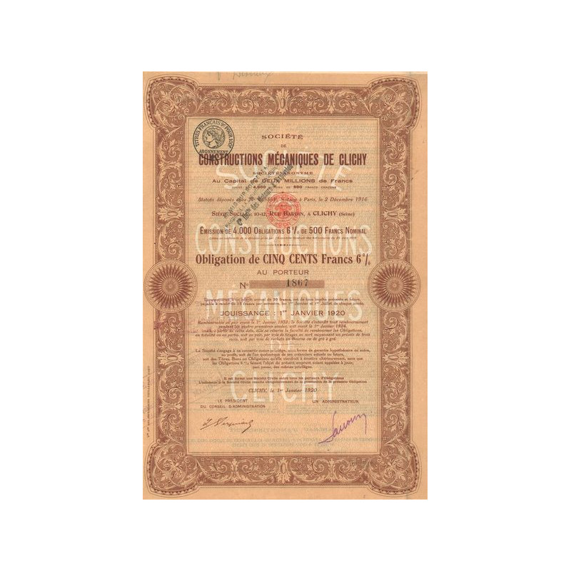 Sté de Constructions Mécaniques de Clichy (Obl 500 F 6%)