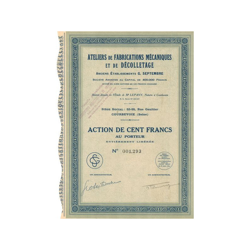 Ateliers de Fabrications Mécaniques et de Décolletage - Anciens Ets G. SEPTEMBRE (Act 100 F)