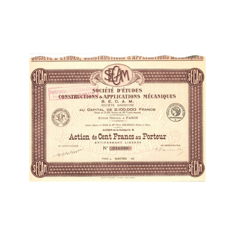 Sté d'Etudes Constructions & Applications Mécaniques S.E.C.A.M. (Act 100 F)